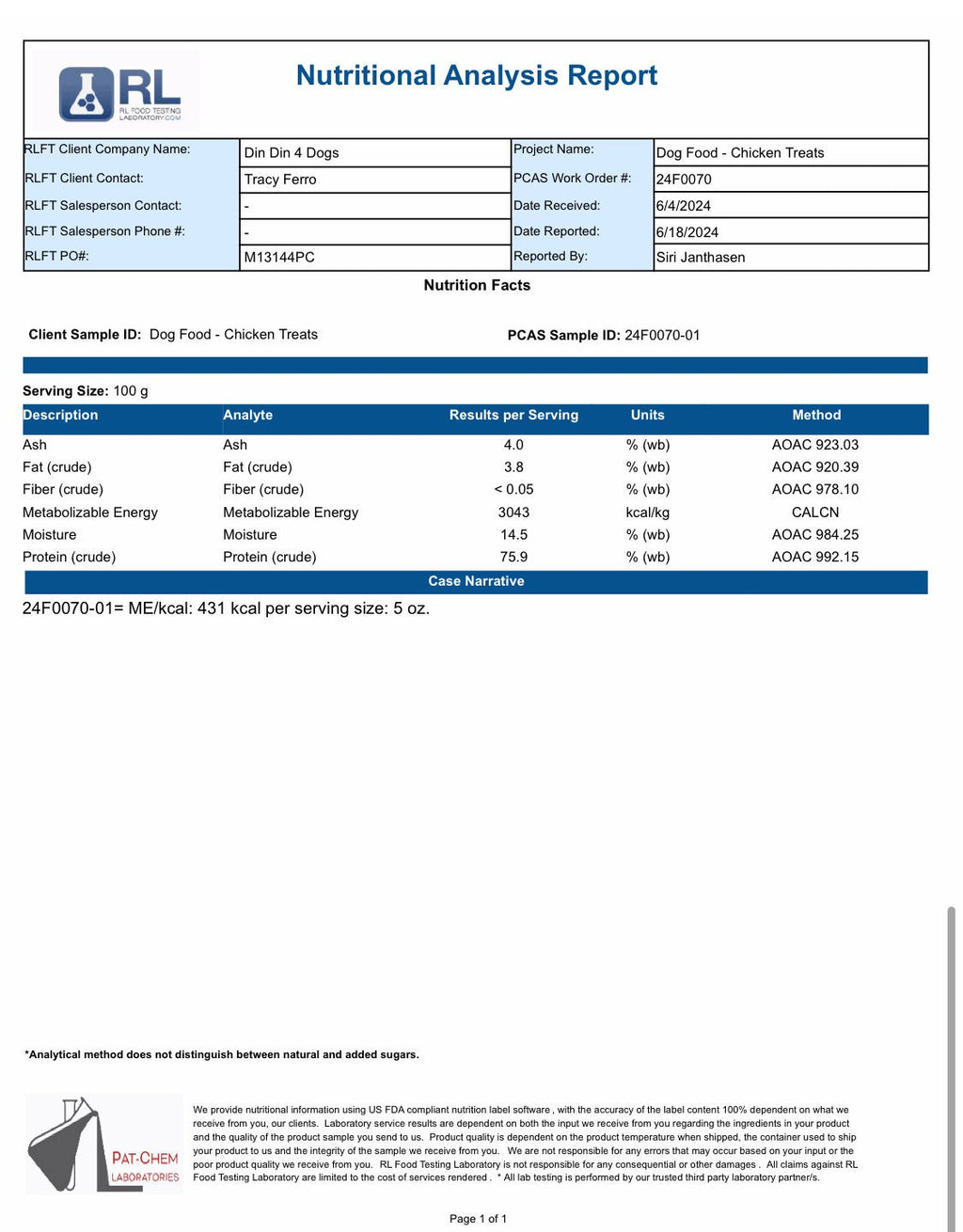 Nutritional analysis report for dog food with RL logo and text