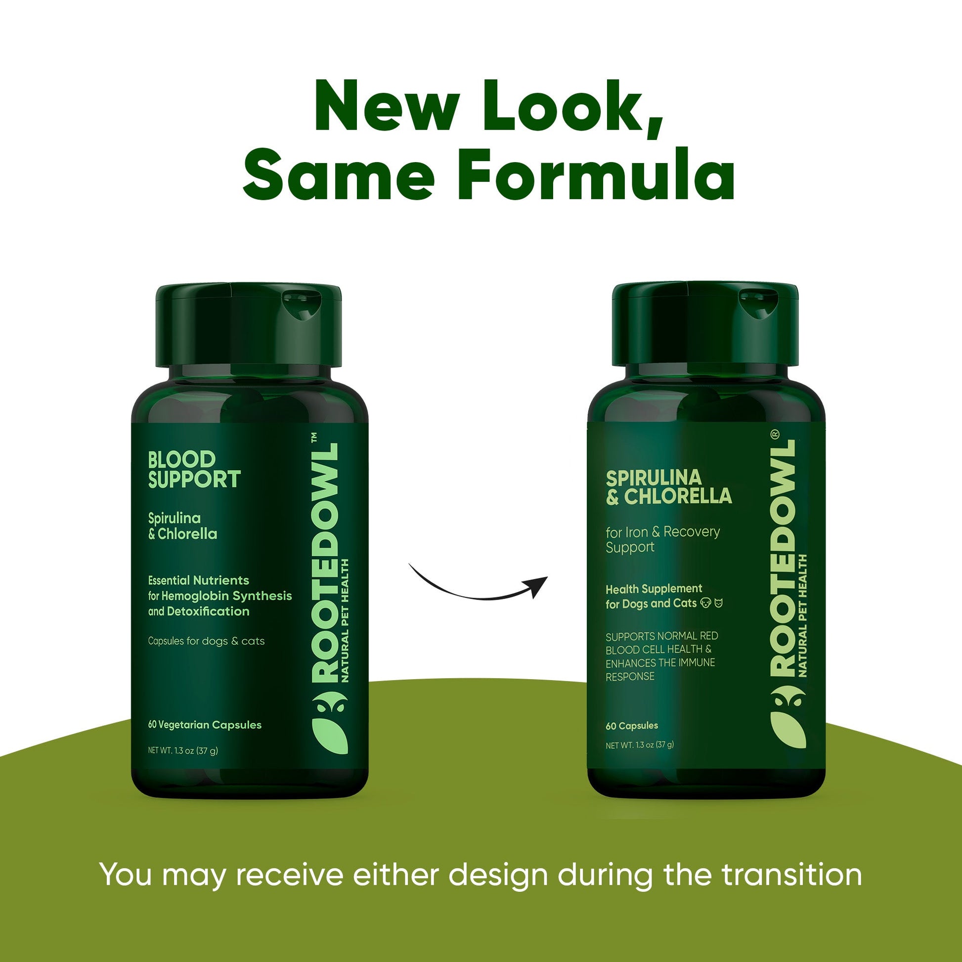 Two green supplement bottles labeled 'Rooted Owl' on a green background with text about new design and formula.