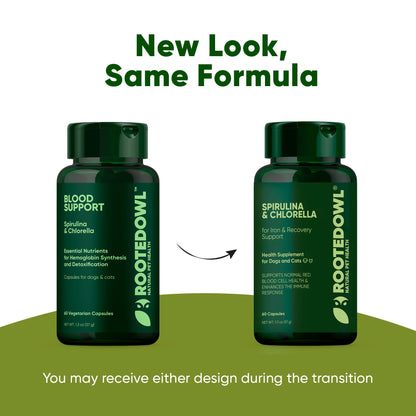 Two green supplement bottles labeled 'Rooted Owl' on a green background with text about new design and formula.