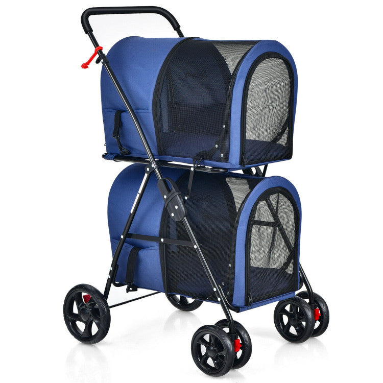 Blue pet stroller with black mesh sides on a white background