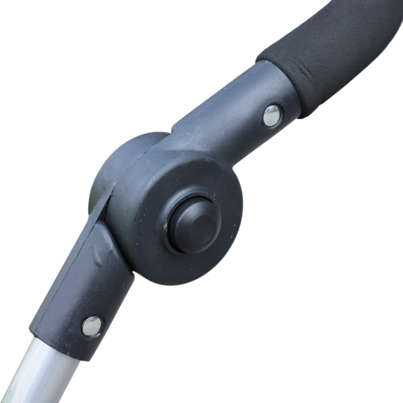 Close-up of a gray and black handlebar with a white background