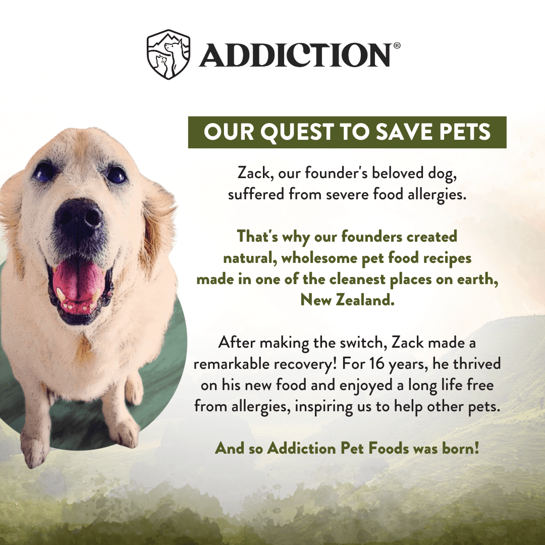 Advertisement for Addiction Pet Foods featuring a dog and text about the brand's mission.