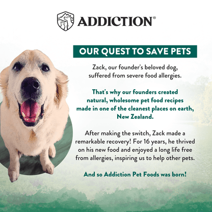 Advertisement for Addiction Pet Foods featuring a dog and text about food allergies and recovery.