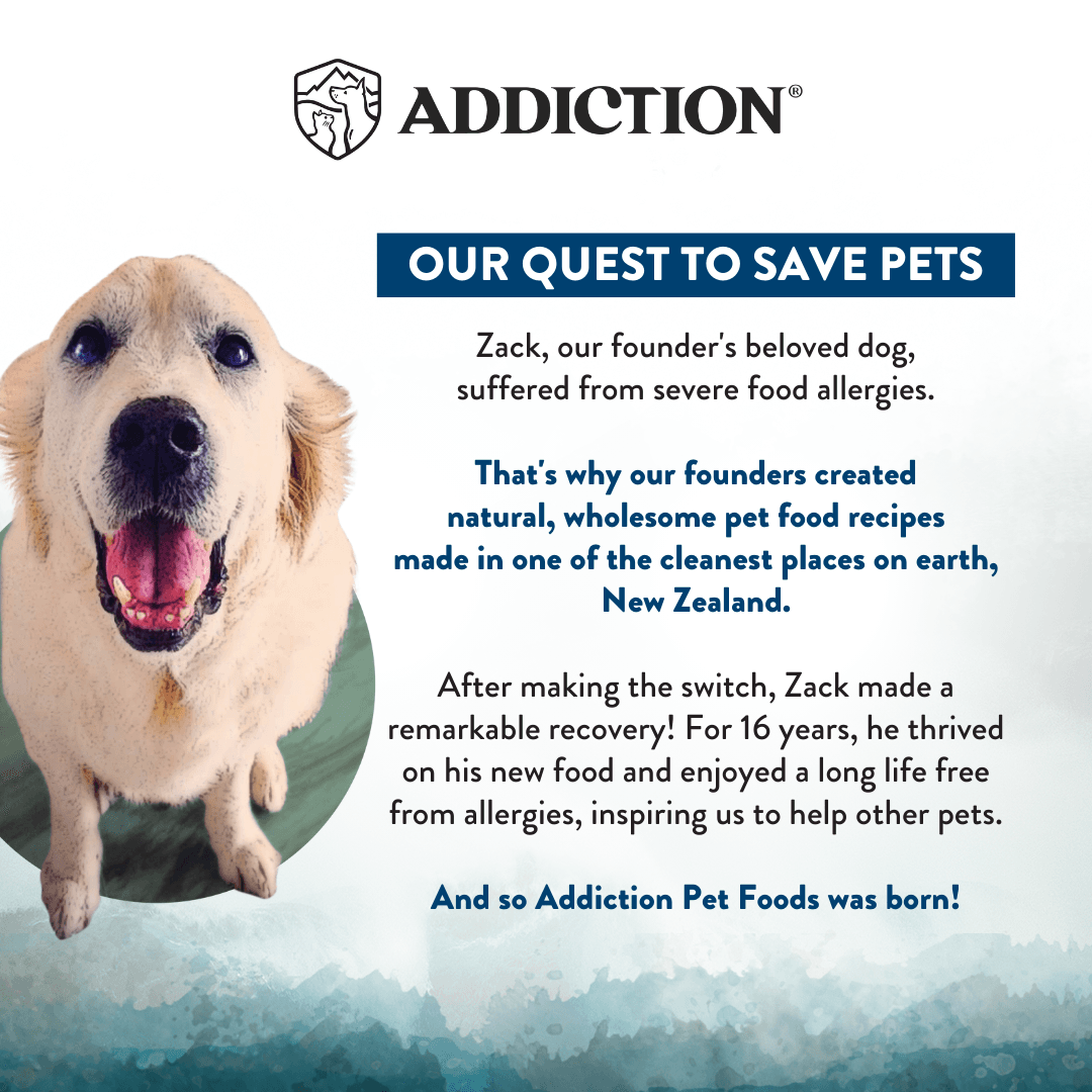 Advertisement for Addiction Pet Foods featuring a dog and text about the brand's mission.