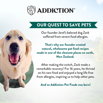 Advertisement for Addiction Pet Foods featuring a happy dog with text about the brand's mission.