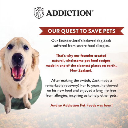 Advertisement for Addiction Pet Foods featuring a happy dog with text about their quest to save pets.