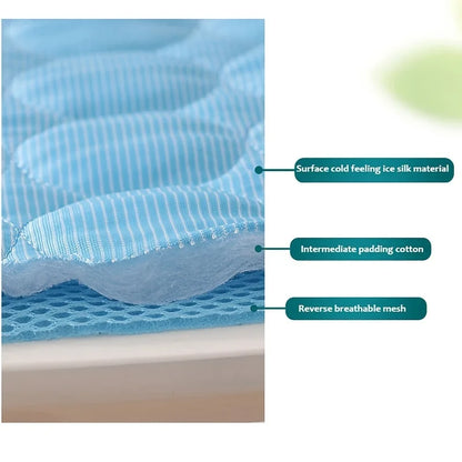 Layered material with ice silk surface, padding cotton, and breathable mesh, labeled on a white background.