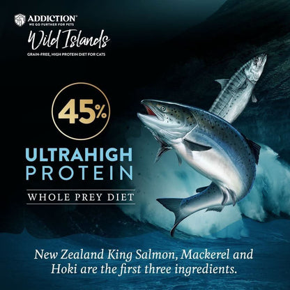 Advertisement for Addiction Wild Islands cat food with salmon and text about protein content and ingredients.