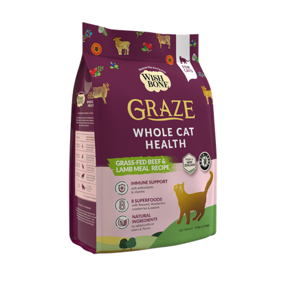 Wishbone Graze Whole Cat Health cat food package on a white background