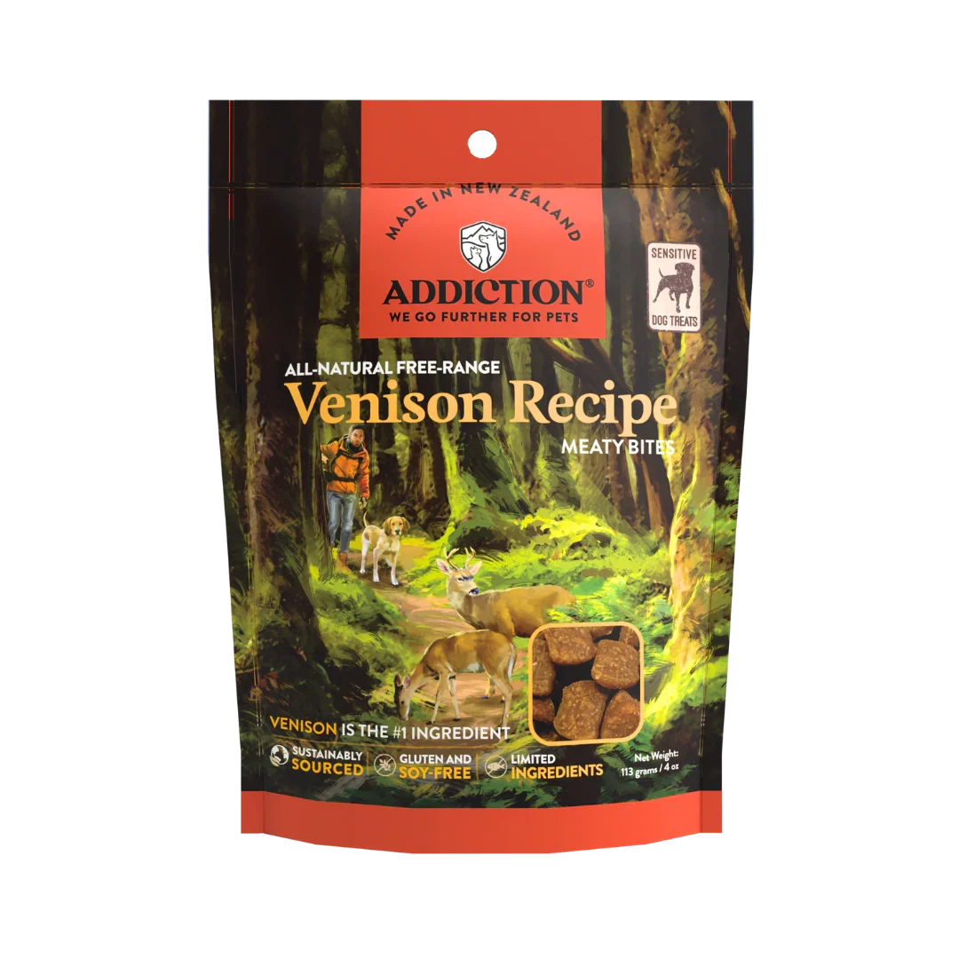 Addiction Venison Recipe dog food package with a forest scene and deer illustration.