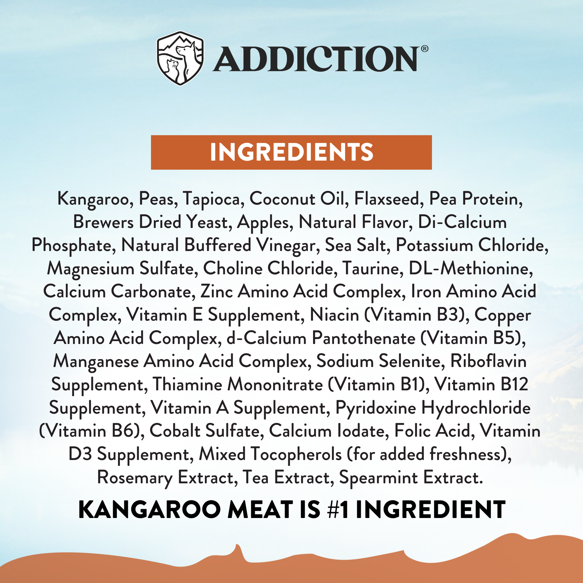 List of ingredients for a product with 'Addiction' branding on a light blue background.