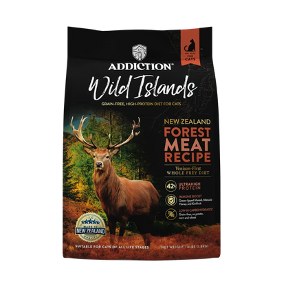 Addiction Wild Islands New Zealand Forest Meat Recipe cat food package with a deer on the label.