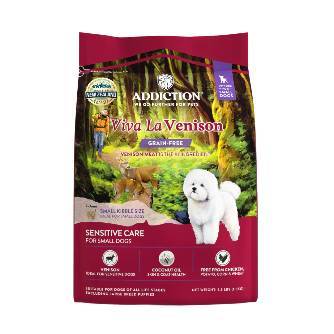 Addiction Viva La Venison dog food package on a white background