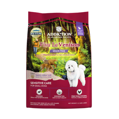 Addiction Viva La Venison dog food package on a white background