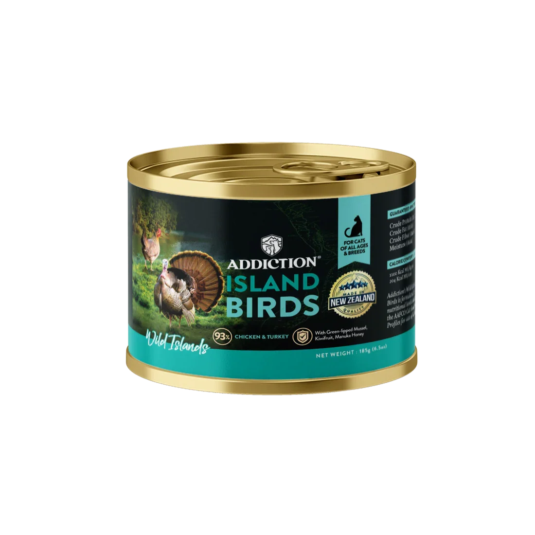 Can of Addiction Island Birds cat food on a white background