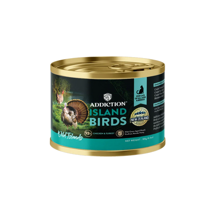 Can of Addiction Island Birds cat food on a white background