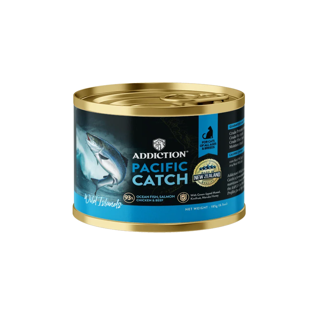 Can of Addiction Pacific Catch cat food on a white background