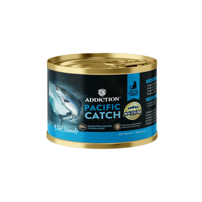 Can of Addiction Pacific Catch cat food on a white background
