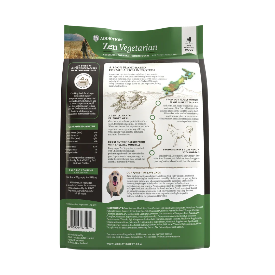 Back view of a dog food package labeled 'Zen Vegetarian' with text and graphics on a white background.