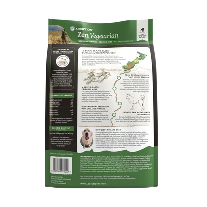 Back view of a dog food package labeled 'Zen Vegetarian' with text and graphics on a white background.