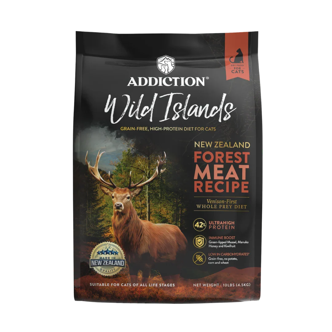 Addiction Wild Islands cat food package with a deer on a white background