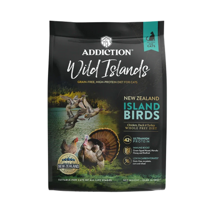 Addiction Wild Islands cat food package with island birds on a black background