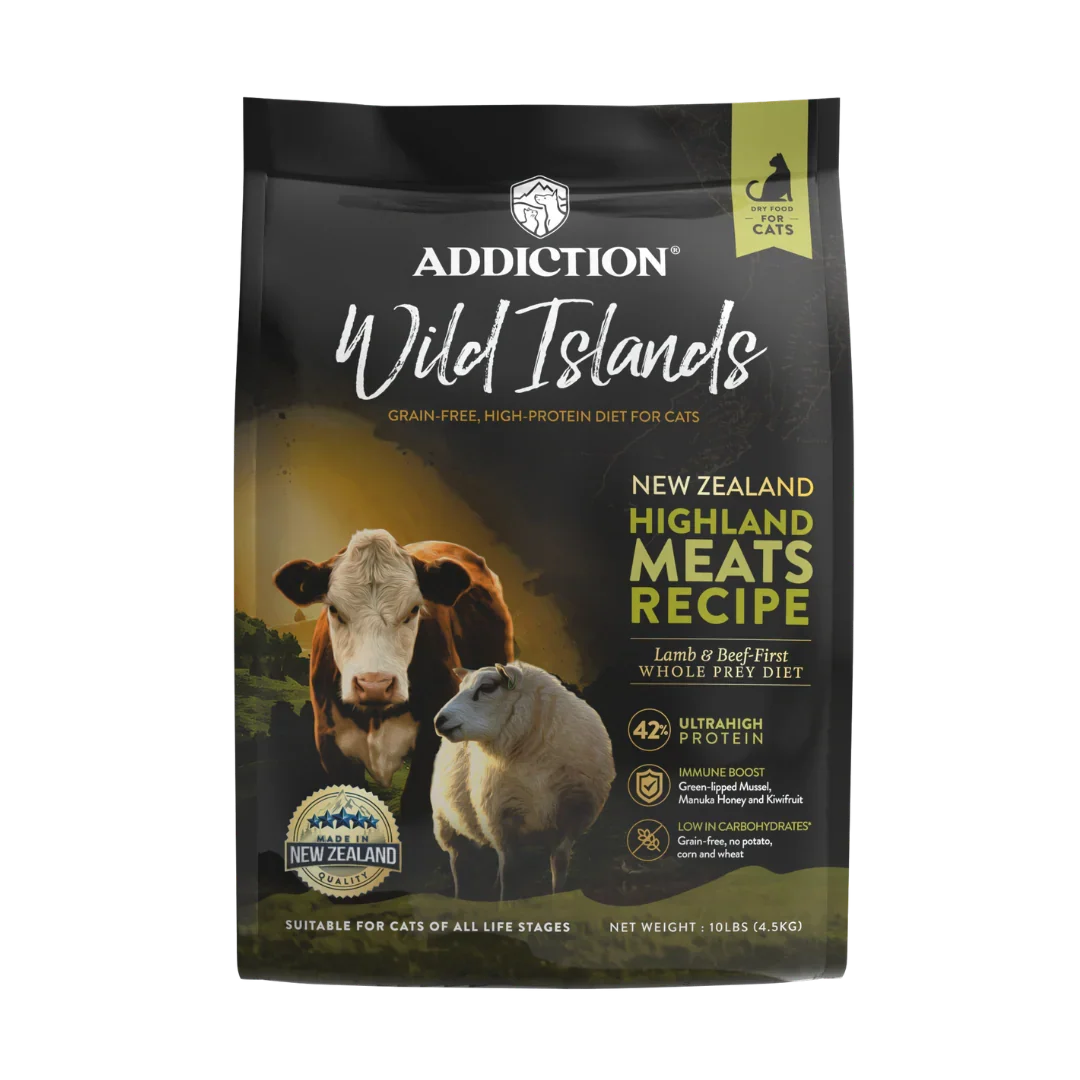 Addiction Wild Islands cat food package with a cow and sheep on a black background