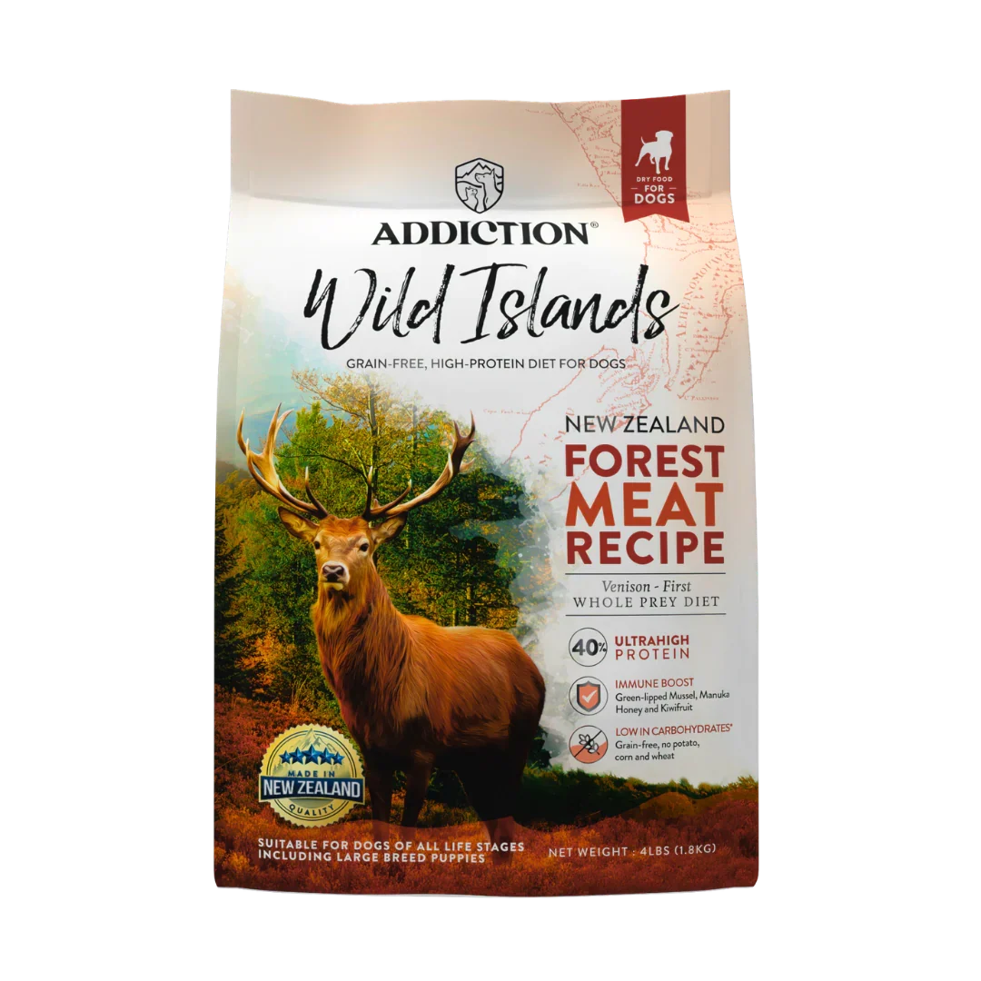 Addiction Wild Islands New Zealand Forest Meat Recipe dog food packaging with a deer illustration on a white background.
