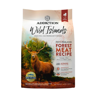 Addiction Wild Islands New Zealand Forest Meat Recipe dog food packaging with a deer illustration on a white background.