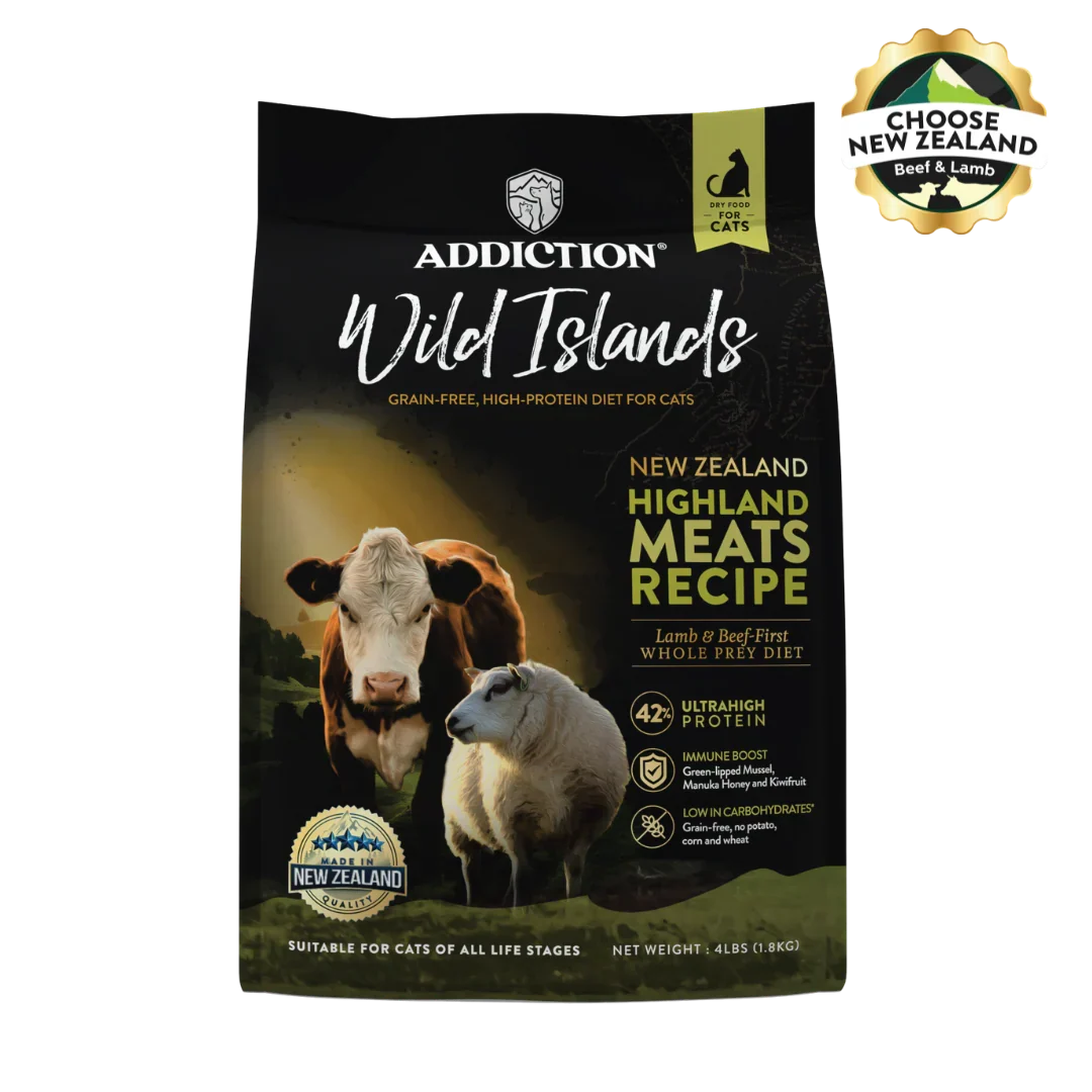 Addiction Wild Islands cat food package with a cow and sheep on a black background