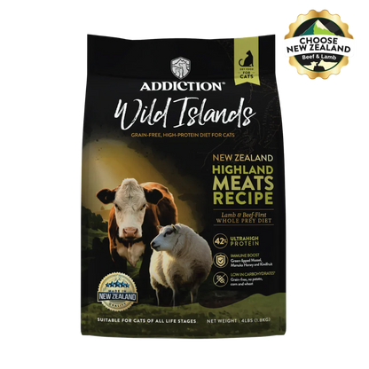 Addiction Wild Islands cat food package with a cow and sheep on a black background