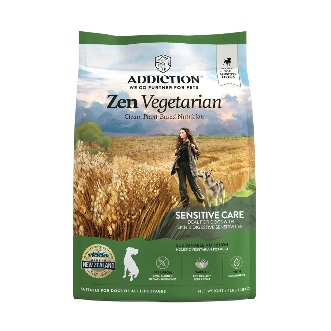 Dog food package for 'Addiction Zen Vegetarian' with a woman and dog in a field on the label.