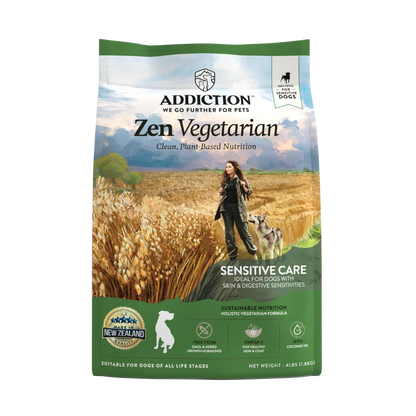 Dog food package for 'Addiction Zen Vegetarian' with a woman and dog in a field on the label.