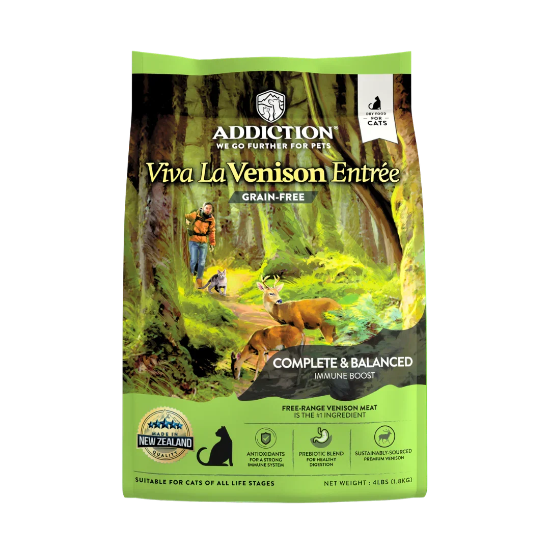 Viva La Venison Entrée grain-free cat food package with a forest scene on the label.