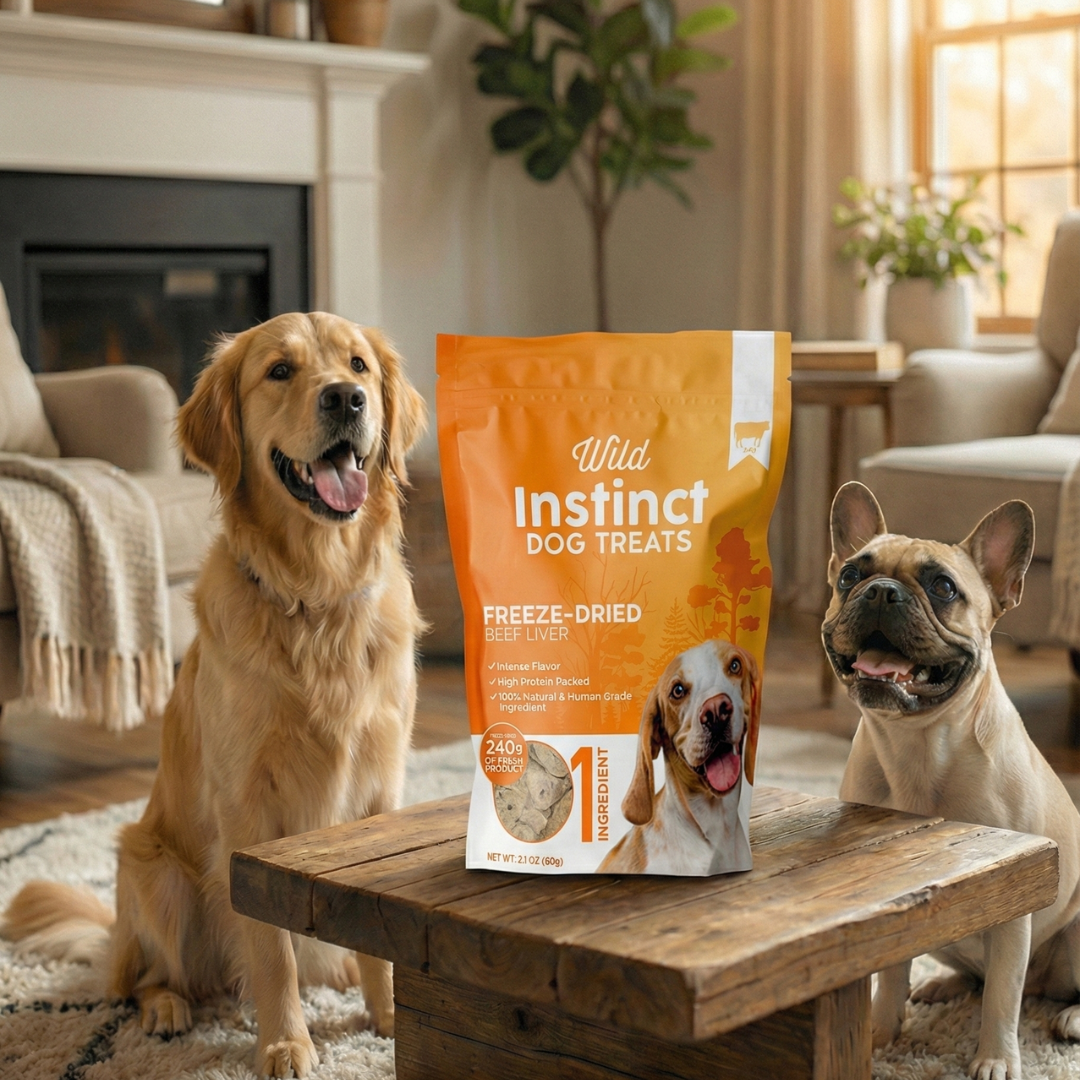 Two dogs sitting on a rug with a package of Wild Instinct dog treats in the foreground.
