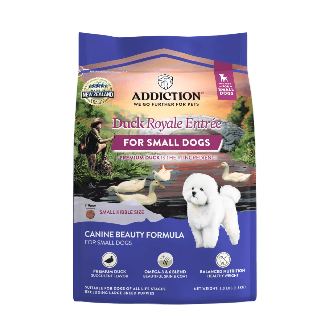 Addiction Duck Royale Entrée for small dogs packaging on a white background