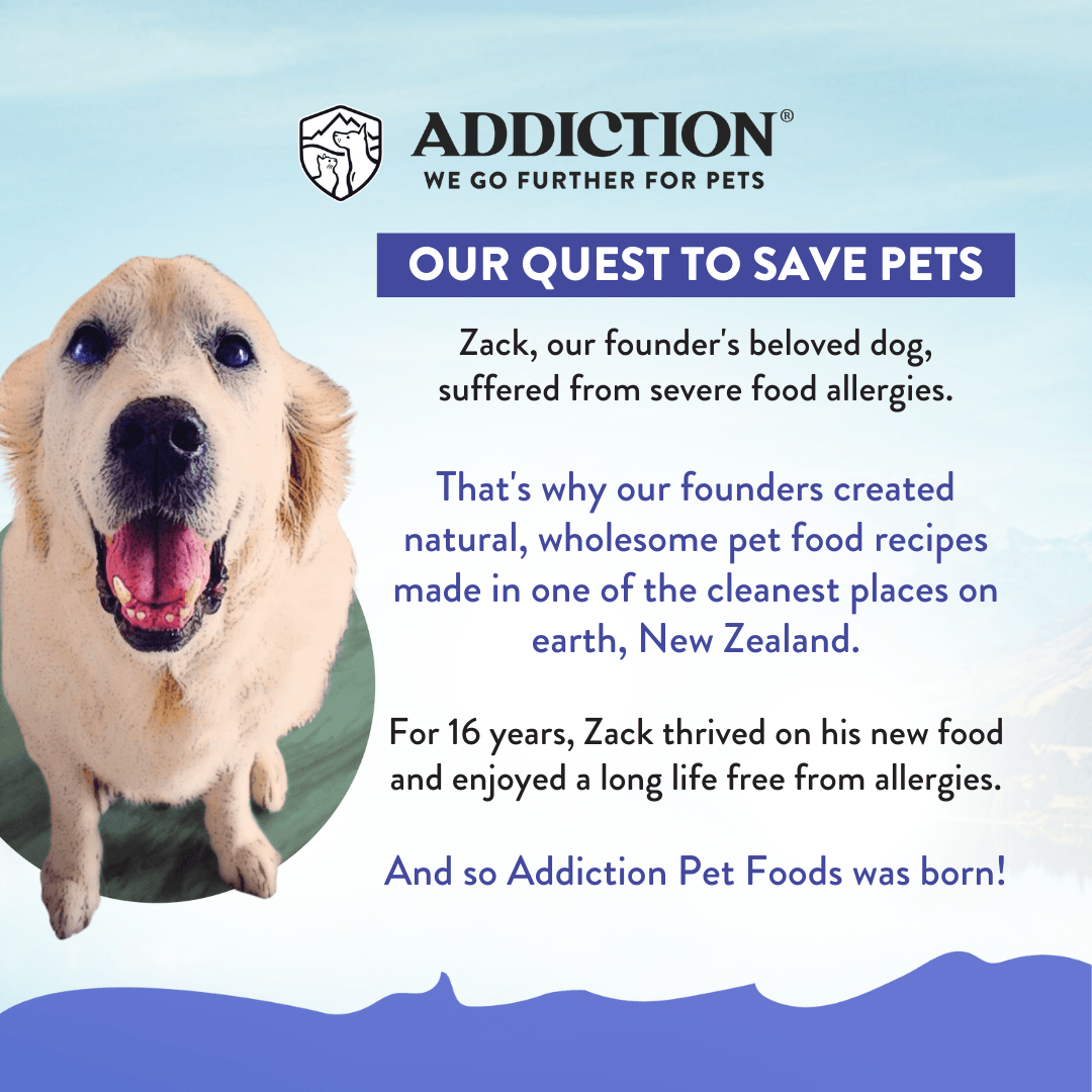 Advertisement for Addiction Pet Foods featuring a dog and text about their quest to save pets.