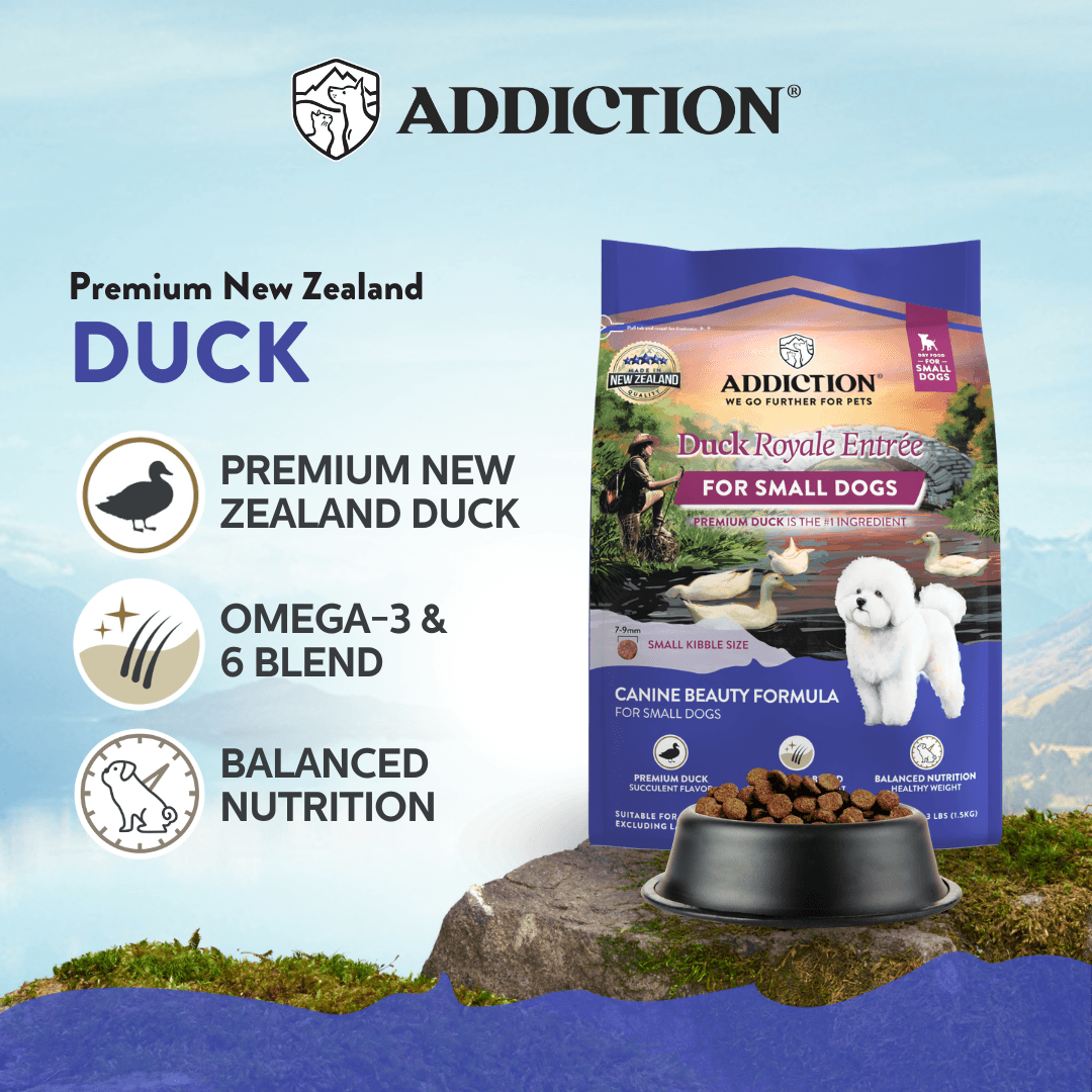 Addiction Duck dog food packaging with product details on a scenic background
