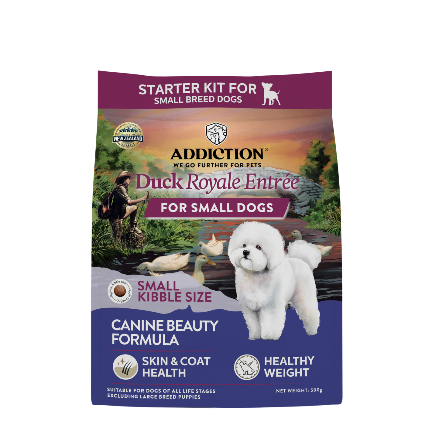 Dog food package for small breed dogs with a scenic background