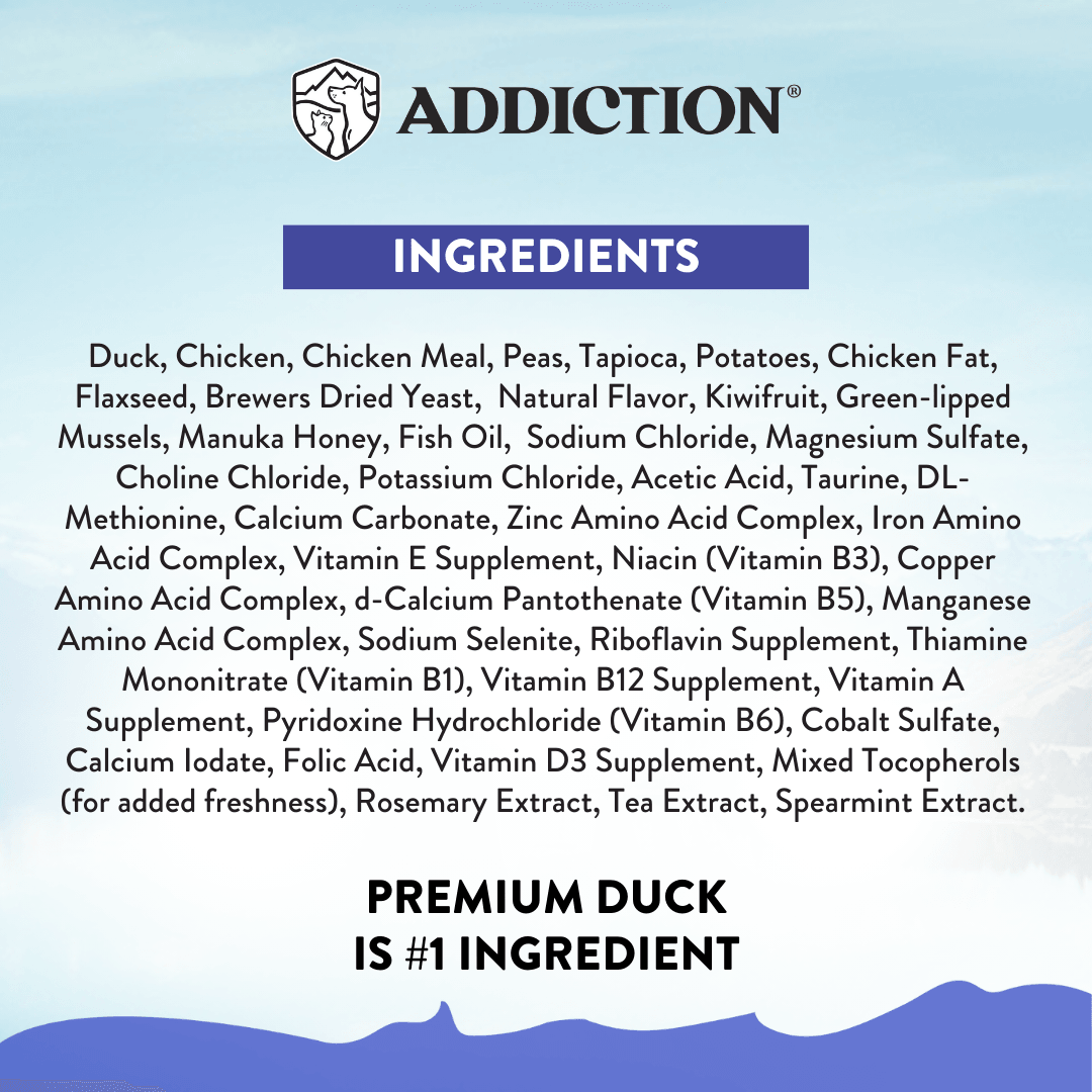 List of ingredients for a product with 'Addiction' branding on a light blue background.