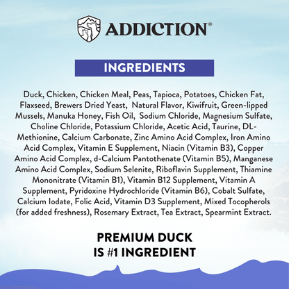 List of ingredients for a product with 'Addiction' branding on a light blue background.