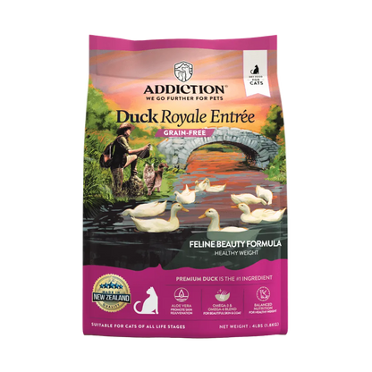 Addiction Duck Royale Entrée cat food package on a white background