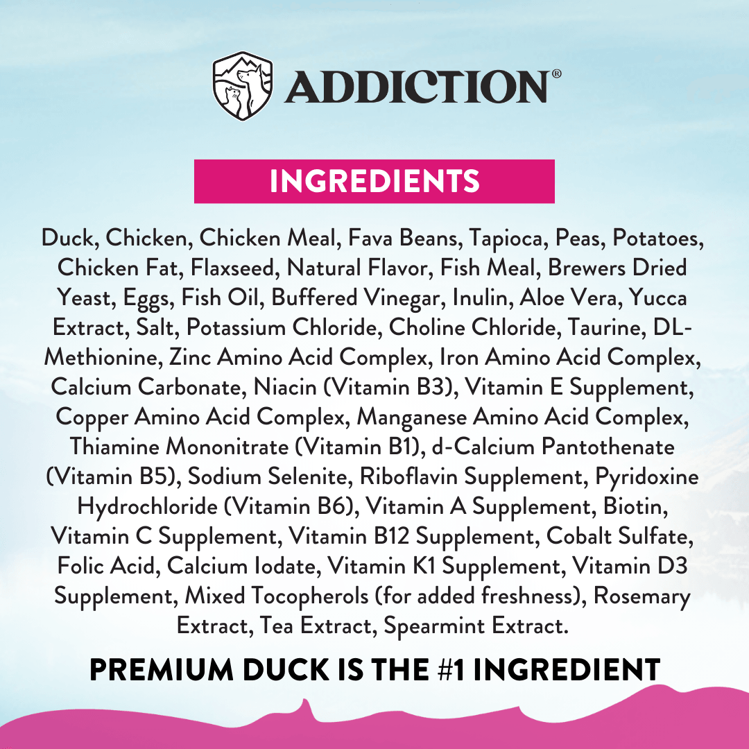 Ingredients list for a product with 'Addiction' branding on a light blue background.