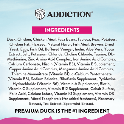 Ingredients list for a product with 'Addiction' branding on a light blue background.
