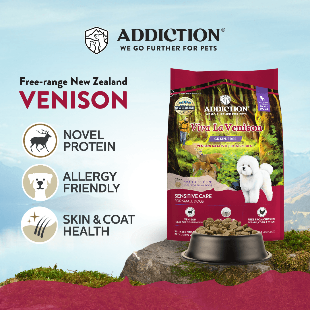 Addiction Viva La Venison dog food packaging with product details on a scenic background