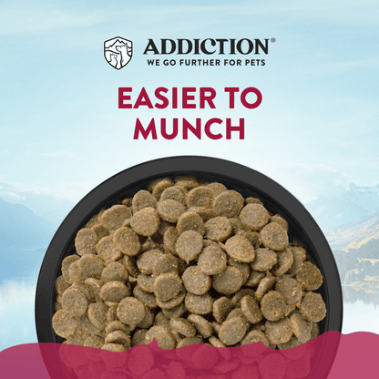 Bowl of pet food with 'Addiction' brand logo and text on a scenic background