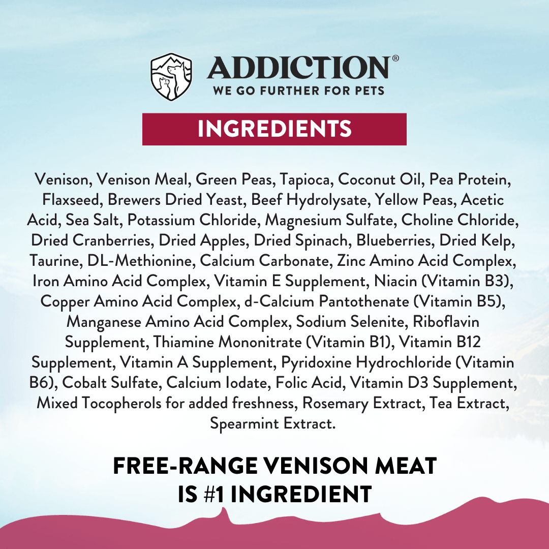 Ingredients list for a pet food product with Addiction branding on a light blue and pink background.