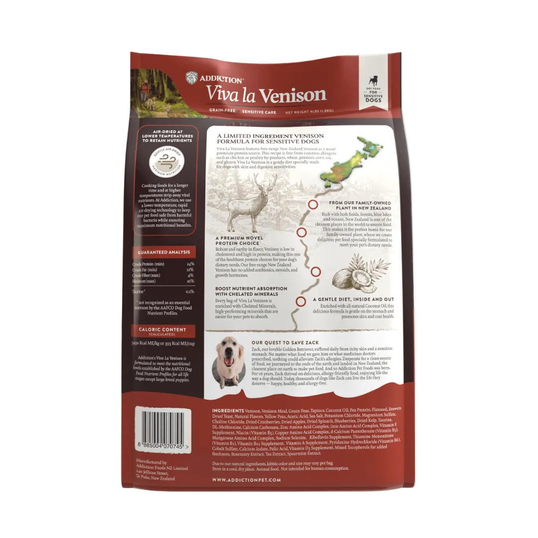 Dog food package with Viva la Venison branding on a white background