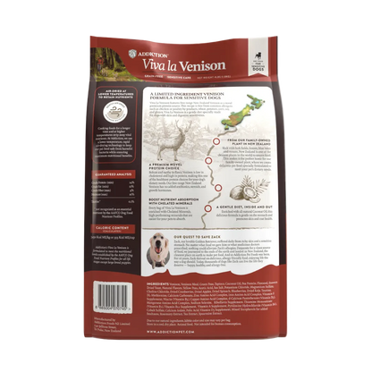 Dog food package with Viva la Venison branding on a white background