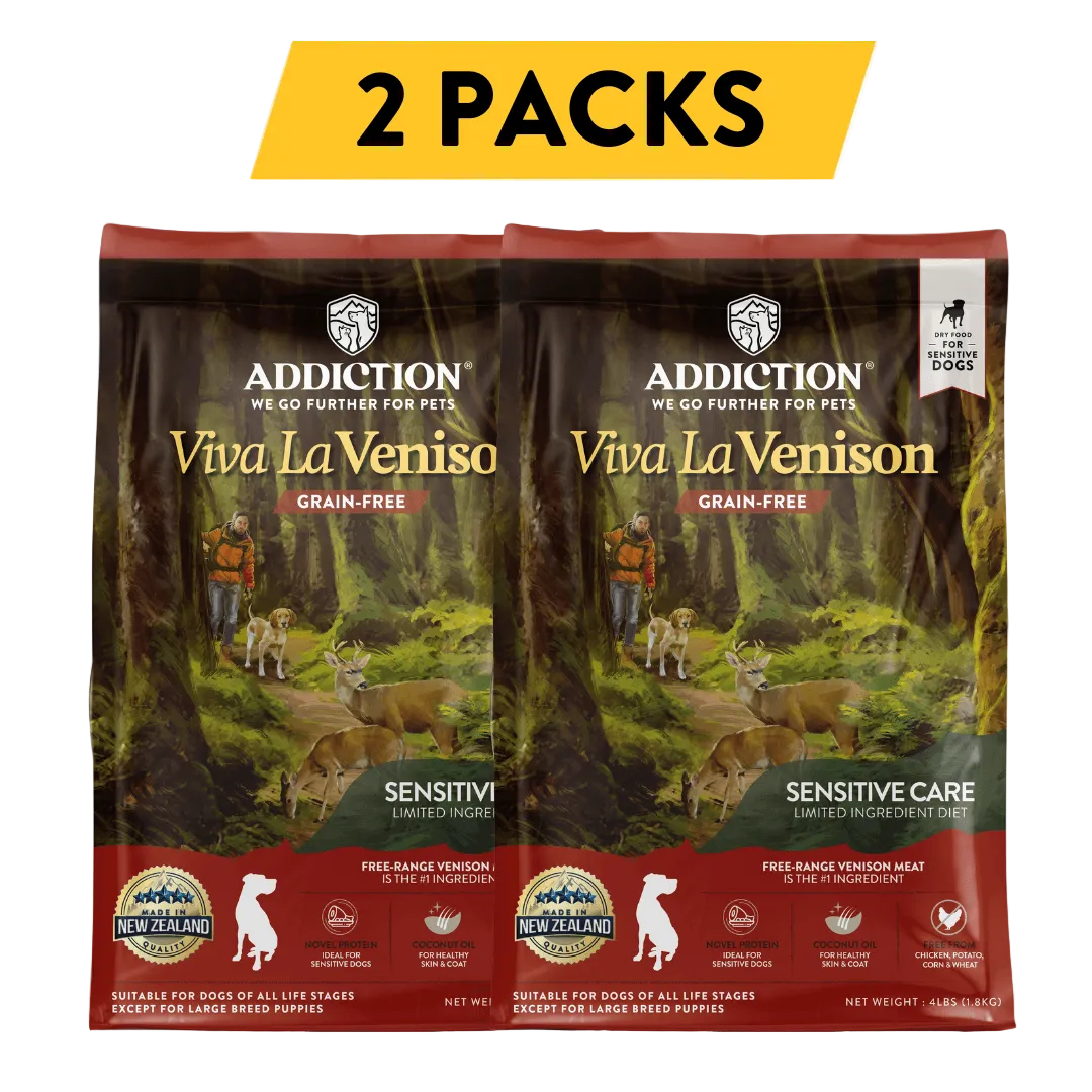 Two packs of Addiction Viva La Venison dog food on a white background
